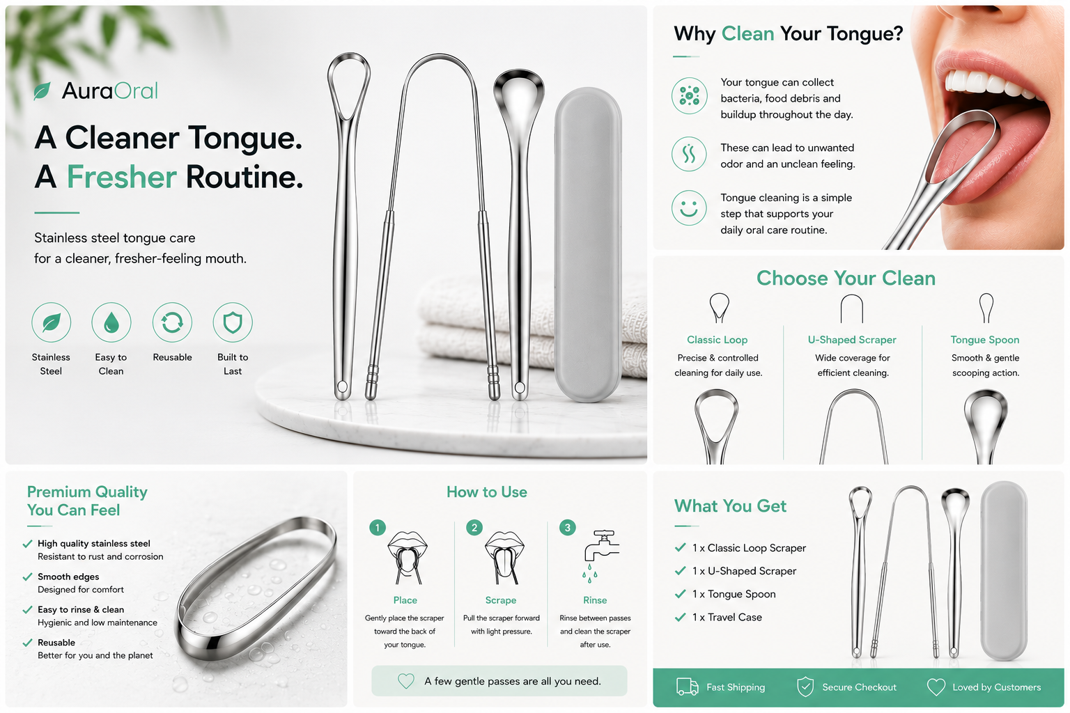 AuraOral™ Premium Stainless Steel Tongue Cleaner